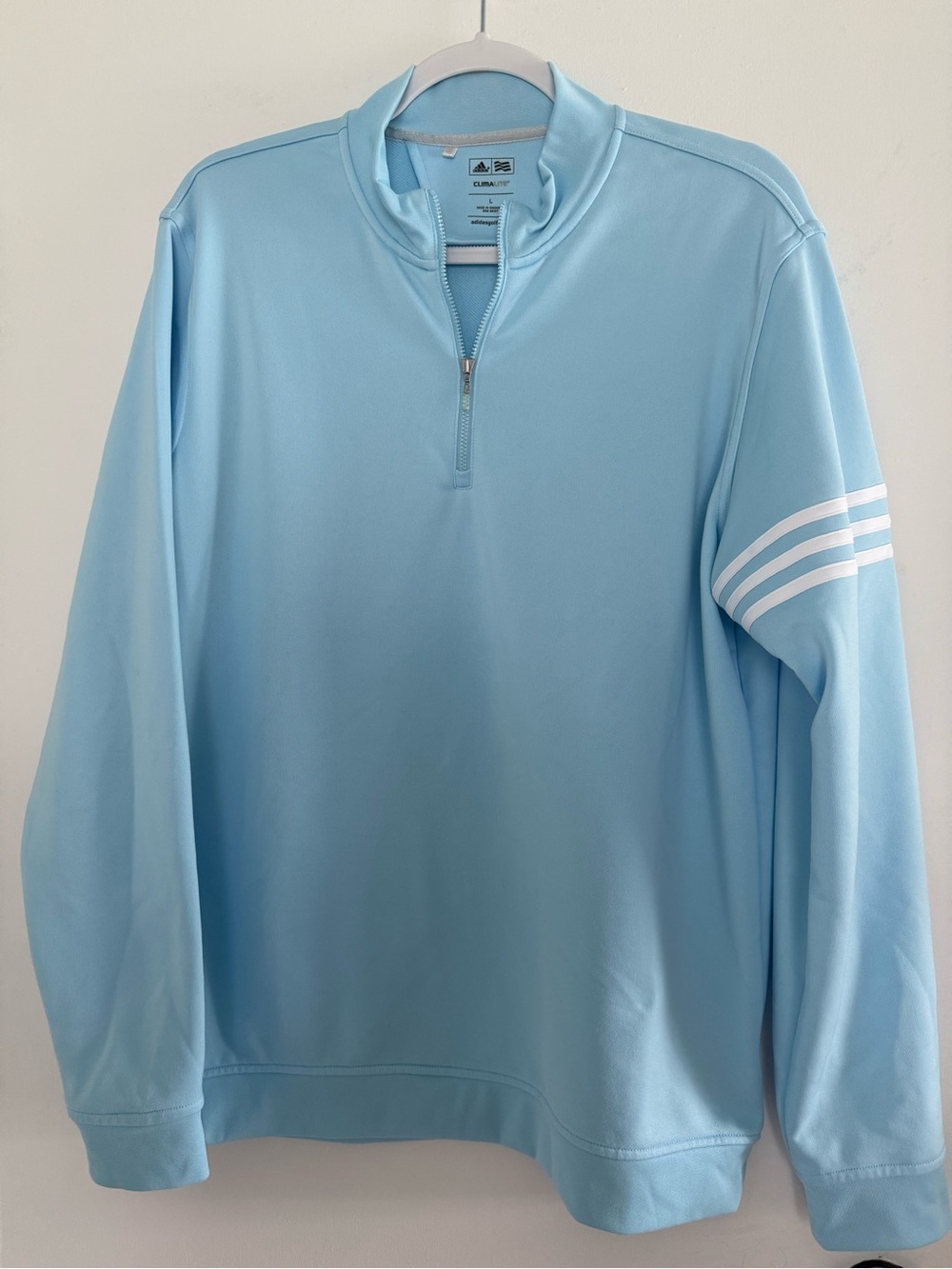 adidas Men's Light Blue Quarter-Zip Pullover with White Sleeve Stripes
